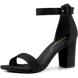 Sexy high chunky black heels with strap.  Heel Height: 3 3/8 inches.